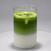 Iced Okumidori matcha latte in a clear glass