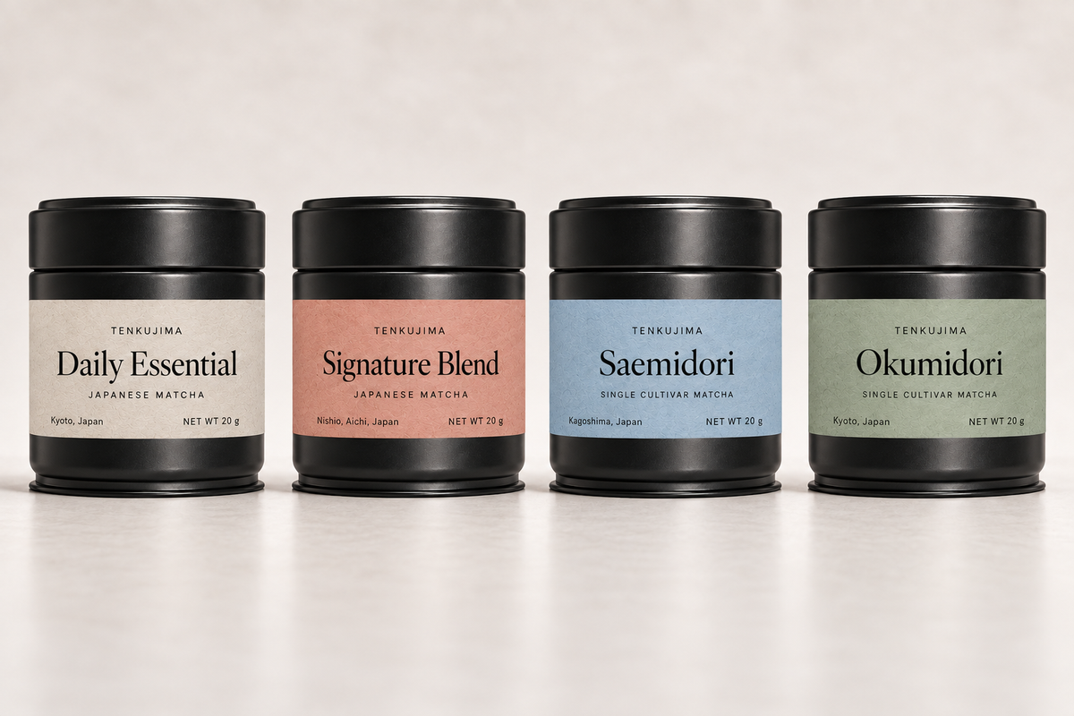 Four front-facing Tenkujima matcha tins: Daily Essential, Signature Blend, Saemidori and Okumidori